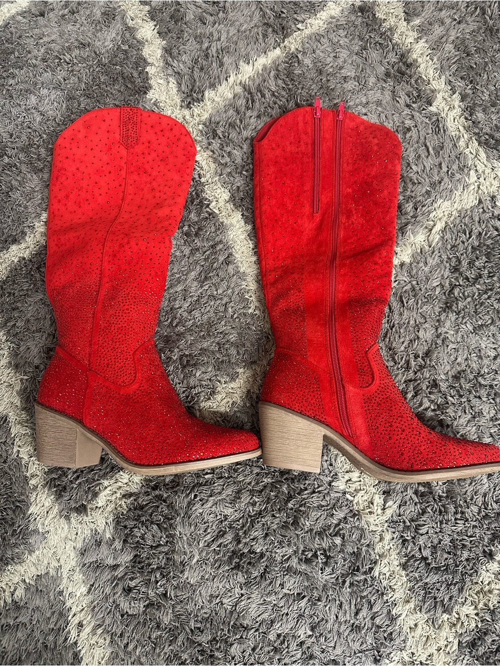 Pierre Dumas Red Suede Crystal-Stud Mid-Calf Heeled Boots